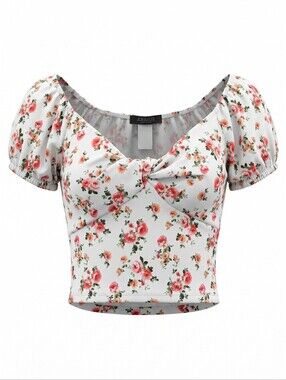 Joe & Elle White Floral Twist-Front Puff Sleeve Crop Top